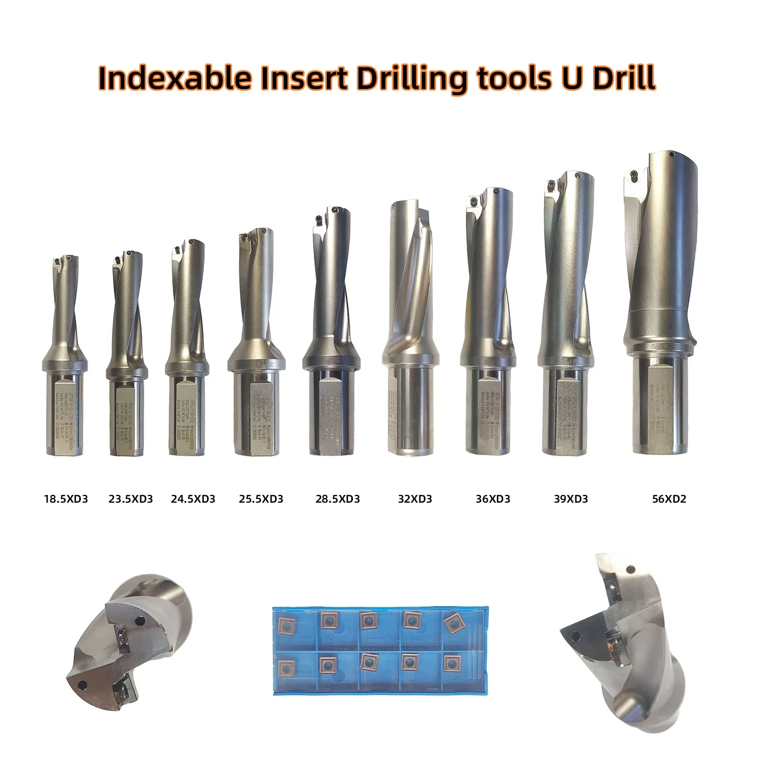 Assorted indexable U drill sizes: 12.5–60mm, 2D–5D depths, C25/C32/C40 shanks, SPMG & WCMX inserts